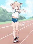  1girl absurdres ahoge alternate_costume animal_ear_fluff animal_ears arknights arm_across_chest arm_up blue_buruma blue_eyes blush buruma bush cloud cloudy_sky commentary_request cross-body_stretch day fox_ears fox_girl fox_tail full_body grass gym_shirt gym_uniform highres looking_at_viewer midriff mimei_ame navel outdoors raglan_sleeves running_track shirt shoes short_hair short_sleeves sky smile sneakers socks solo sportswear standing stretching sussurro_(arknights) sweat tail very_sweaty white_shirt white_socks 