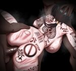  1girl 2boys absurdres arm_tattoo ass ass_tattoo back_tattoo barcode black_background black_hair blacked_female body_writing breasts censored commentary english_commentary fellatio from_above hand_on_another's_ass hand_on_another's_head hetero highres huge_breasts interracial kuro_torie mosaic_censoring multiple_boys no_symbol_tattoo nude oral paid_reward_available ponytail queen_of_spades_symbol race_fetishism race_fetishism_symbol rover_(wuthering_waves) scar sex sex_from_behind simple_background spade_(shape) spade_tattoo spade_vine_tattoo steaming_body sweat tattoo wuthering_waves 