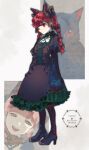  1girl :d absurdres animal_ears black_boots black_bow black_dress boots bow braid cat cat_ears cat_girl commentary_request dress high_heels highres juliet_sleeves kaenbyou_rin kaenbyou_rin_(cat) lace-up_boots long_hair long_sleeves looking_at_viewer multiple_views no_hair_bow open_mouth pantyhose puffy_sleeves red_eyes red_hair sleeves_past_fingers sleeves_past_wrists smile standing teeth touhou twin_braids uninosono upper_teeth_only white_background 