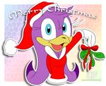  beak bird christmas cleavage clothed clothing cloudedfuture cyan_eyes female hat holidays looking_at_viewer mistletoe multi-colored_body multicolored_clothing open_mouth plain_background purple santa_hat sega solo sonic_(series) sonic_riders swallow_(bird) tongue wave_the_swallow white_background xmas 
