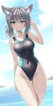  1girl animal_ear_fluff animal_ears black_one-piece_swimsuit blue_archive blue_eyes blue_sky breasts cloud commentary_request competition_swimsuit covered_navel cross_hair_ornament day extra_ears grey_hair hair_ornament halo highres hizuki_aki looking_at_viewer low_ponytail medium_breasts medium_hair mismatched_pupils multicolored_swimsuit official_alternate_costume one-piece_swimsuit outdoors ponytail shiroko_(blue_archive) shiroko_(swimsuit)_(blue_archive) sky solo standing swimsuit wading wolf_ears 