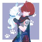  1boy animal arm_tattoo bandages blue_eyes border commentary_request fate/grand_order fate_(series) fou_(fate) fuuma_kotarou_(fate) hair_over_eyes hair_over_one_eye highres holding holding_animal male_focus no_lineart paw_print red_hair scarf short_hair shoulder_tattoo simple_background smile tattoo waniyama1993 