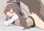  1boy 1girl absurdres black_ribbon blush bow brown_background brown_bow brown_cardigan brown_hair brown_skirt cardigan commentary_request dark-skinned_male dark_skin earrings flat_chest girls'_frontline girls'_frontline_2:_exilium hair_ribbon highres jewelry leva_(girls'_frontline_2) long_hair looking_at_viewer lying multicolored_hair official_alternate_costume on_stomach one_eye_closed open_mouth pink_streaks pleated_skirt prone_bone ribbon scar scar_across_eye scar_on_face school_uniform sex sex_from_behind shirt simple_background skirt streaked_hair twitching ump45_(girls'_frontline) vaginal white_shirt yanagui_yugi yellow_eyes 