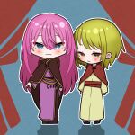  black_shoes blue_eyes blue_gem boots brown_boots brown_cloak chibi cloak commentary_request curtains dress elluka_clockworker erifura evillious_nendaiki gem green_eyes green_gem green_hair gumi gumillia half-closed_eyes highres hood hood_down hooded_cloak light_frown long_dress long_hair looking_at_viewer madoushi_futari_tabi_(vocaloid) megurine_luka pink_dress pink_hair pink_robe red_gem robe serious shoes short_hair side_slit sidelocks sideways_glance thigh_boots vocaloid witch 