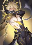  1boy antenna_hair armor artist_name asymmetrical_wings black_background black_bodysuit black_cape blonde_hair blush bodysuit cape clenched_hand commentary covered_navel covering_own_mouth cowboy_shot cracked_skin diamond-shaped_pupils diamond_(shape) embarrassed gauntlets gradient_background hair_between_eyes halo halo_behind_head hands_up highres honkai:_star_rail honkai_(series) long_hair_between_eyes looking_down male_focus muscular muscular_male pauldrons pectorals phainon_(honkai:_star_rail) phainon_(khaslana)_(honkai:_star_rail) short_hair shoulder_armor simple_background single_gauntlet single_pauldron solo standing sweat symbol-shaped_pupils taosheng two-tone_background untranslatable_commentary upper_body v-shaped_eyebrows waist_cape wings yellow_background yellow_eyes yellow_halo 