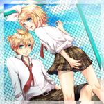  1girl ao+beni bad_id bad_pixiv_id blonde_hair blue_eyes brother_and_sister cloud day hair_ribbon kagamine_len kagamine_rin necktie plaid plaid_shorts plaid_skirt red_neckwear ribbon school_uniform short_hair shorts siblings skirt sky smile twins vocaloid 