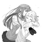  2girls braid closed_eyes commentary_request gakuen_idolmaster gyaru hair_ribbon hatsuboshi_gakuen_school_uniform highres holding holding_shoes holding_unworn_clothes hug idolmaster katsuragi_lilja kogal korean_commentary long_hair mole mole_under_eye monochrome multicolored_hair multiple_girls peach_1111_p ribbon ribbon_in_braid school_uniform shiun_sumika shoes short_hair skirt smile straight_hair unworn_shoes yuri 