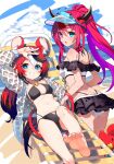  2girls :d animal_ears ass barefoot beach bikini bikini_skirt black_hair black_horns black_streaks blue_eyes blue_sky breasts butt_crack cloud commentary day double-parted_bangs double_halo frilled_bikini frills grin hair_between_eyes hakos_baelz halo halterneck heterochromia highleg highleg_bikini highres hololive hololive_english horns irys_(hololive) jacket kutata long_hair looking_at_viewer lying median_furrow medium_breasts mouse_ears mouse_girl mouse_tail mr._squeaks_(hakos_baelz) multi-strapped_bikini_bottom multicolored_hair multiple_girls navel on_back open_mouth outdoors pink_eyes pointy_ears ponytail purple_hair red_hair see-through_clothes see-through_jacket shoulder_blades sky smile soles star-shaped_pupils star_(symbol) star_halo stomach streaked_hair swimsuit symbol-shaped_pupils tail toes untranslatable_commentary virtual_youtuber visor_cap white_bikini white_streaks 