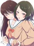  2girls bang_dream! bang_dream!_it's_mygo!!!!! blush brown_dress brown_hair commentary_request dokusai_0207 dress green_eyes green_hair hand_up highres hug hug_from_behind long_hair long_sleeves medium_hair mole mole_under_eye multiple_girls open_mouth purple_eyes sailor_collar sailor_dress shiina_taki white_sailor_collar yahata_umiri yuri 