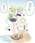  2girls bare_arms bare_legs bare_shoulders beach bikini bikini_skirt black_bikini blue_archive closed_eyes commentary_request demon_tail full_body green_hair green_halo halo high_heel_sandals high_heels highres hikari_(blue_archive) long_hair miniskirt multiple_girls navel nozomi_(blue_archive) open_mouth platform_sandals pointy_ears sandals siblings sisters skirt stomach suecovsky swimsuit tail twins twintails water white_bikini wristband 