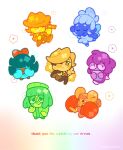  2girls 2others 3boys 7_colored_flowers_(deltarune) absurdres animal_ears aqua_(deltarune) blonde_hair blue_(deltarune) blue_hair blue_skin boxing_gloves chef_hat colored_skin commentary cowboy_hat deltarune english_commentary english_text fairy_wings flowery_(deltarune) green_(deltarune) green_hair green_skin hair_ribbon hat highres mouse_(animal) mouse_ears mouse_tail multiple_boys multiple_girls multiple_others orange_(deltarune) paranoid_ghosts purple_hair purple_skin red_ribbon ribbon seth_(deltarune) tail tutu utdr_(toby_fox) white_background wings yellow_(deltarune) yellow_skin 
