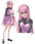  1girl alternate_costume black_shirt black_shoes blue_eyes bocchi_the_rock! breasts cube_hair_ornament dress frown full_body gotoh_hitori hair_ornament highres hofumaso lace_shirt long_hair long_sleeves looking_at_viewer mary_janes medium_breasts one_side_up open_mouth pink_dress pink_hair shaded_face shirt shirt_under_dress shoes short_dress simple_background socks spaghetti_strap standing steepled_fingers white_background white_socks 
