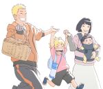  2boys 2girls aged_down ahoge baby babywearing bandaged_hand bandages basket black_hair black_pants blue_eyes bob_cut boruto:_naruto_next_generations boruto_(series) bottle child closed_eyes family father_and_child father_and_son grin holding holding_basket holding_hands hood hoodie husband_and_wife hyuuga_hinata mother_and_child mother_and_daughter mother_and_son multiple_boys multiple_girls naruto_(series) njcanopus open_mouth orange_hoodie pants parent_and_child sandals short_hair skirt smile uzumaki_boruto uzumaki_himawari uzumaki_naruto water_bottle white_skirt 