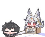  1boy 1girl :3 ahoge animal_ear_fluff animal_ears black_hair blush_stickers chibi chibi_only colored_tips commentary_request fang fang_out fox_ears fox_tail hair_intakes highres hsin_(wuthering_waves) male_rover_(wuthering_waves) multicolored_hair open_mouth rectangular_mouth red_eyes rover_(wuthering_waves) shadow simple_background syurikenmaru tail v-shaped_eyebrows white_hair wuthering_waves 