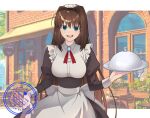  1girl aozaki_aoko blue_eyes breasts brown_dress brown_hair commentary_request dress flower hirakawa looking_at_viewer mahou_tsukai_no_yoru maid maid_headdress medium_breasts open_mouth red_ribbon restaurant ribbon smile 