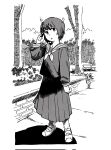  1girl andony_strawhat antennae bush commentary english_commentary full_body greyscale hand_up hatching_(texture) highres long_skirt long_sleeves looking_at_viewer monochrome neckerchief open_mouth original outdoors pleated_skirt sailor_collar school_uniform serafuku shirt shoes short_hair skirt socks solo standing tree 