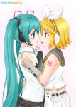  2girls aqua_eyes aqua_hair aqua_nails aqua_necktie black_skirt black_sleeves blonde_hair blue_eyes blush bow commentary detached_sleeves eye_contact fang fortissimo grey_sailor_collar grey_sleeves hair_bow hatsune_miku hatsune_miku_(vocaloid4) headphones headset kagamine_rin kagamine_rin_(vocaloid4) long_hair looking_at_another multiple_girls necktie number_tattoo open_mouth ryuuha sailor_collar shirt short_hair skirt sleeveless sleeveless_shirt tattoo twintails v4x vocaloid white_bow white_shirt white_skirt yellow_nails yellow_necktie yellow_trim yuri 