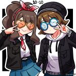  1boy 1girl :> amaimi artist_name asymmetrical_bangs beanie black_hat black_jacket blue-framed_eyewear blue_eyes blue_skirt brown_eyes brown_hair collared_jacket commentary_request cowboy_shot dated denim diagonal-striped_clothes diagonal-striped_necktie dot_nose dress_shirt hair_between_eyes hairband hand_in_pocket happy hat heart heart-shaped_eyewear high_ponytail highres hilbert_(pokemon) hilda_(pokemon) hood hoodie jacket jeans long_sidelocks long_sleeves necktie one_eye_closed outline pants pleated_skirt poke_ball_symbol pokemon pokemon_(creature) pokemon_black_and_white ponytail red_hairband red_necktie round_eyewear shirt short_necktie sidelocks skirt smile striped_clothes striped_necktie v white_background white_hoodie white_outline white_shirt wing_collar yellow-framed_eyewear 