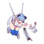  1girl animal_ears asymmetrical_gloves bang_dream! bang_dream!_yumemita black_gloves blue_hair blue_leg_warmers blue_thighhighs bodysuit donut fake_animal_ears food full_body gloves highres kanade_(kanade_3344) leg_warmers minetsuki_ritsu mismatched_gloves multicolored_hair open_mouth pink_streaks short_hair simple_background solo streaked_hair thighhighs virtual_youtuber white_background white_bodysuit white_gloves 
