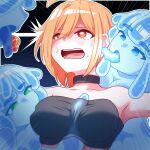 4girls bare_shoulders black_choker black_tube_top blue_eyes blue_skin blush breast_sucking breast_sucking_through_clothes breasts choker colored_skin commentary_request ear_blush green_eyes highres licking licking_ear monster_girl multiple_girls nose_blush object_on_tongue open_mouth orange_hair original slime_girl slime_hair strapless suirium0723 tentacle_between_breasts tube_top upper_body yuri 
