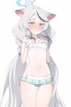  1girl absurdres animal_ears ass_visible_through_thighs bare_arms bare_shoulders bikini bikini_skirt bikini_top_lift blue_archive blue_bikini blue_halo blush braid clenched_teeth clothes_lift commentary_request flat_chest forehead grey_hair halo hand_on_own_chest highres kokona_(blue_archive) kokona_(swimsuit)_(blue_archive) light_areolae long_hair multicolored_bikini navel official_alternate_costume official_alternate_hairstyle partial_commentary plaid_bikini plaid_clothes sainarohh solo stomach swimsuit teeth thigh_gap twin_braids two-tone_bikini very_long_hair white_bikini 