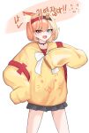  1girl absurdres animal_ear_fluff animal_ears black_choker black_skirt black_survival blonde_hair blue_eyes cat_ears cat_girl choker commentary cowboy_shot eternal_return:_black_survival fangs geah hairband heterochromia highres irem_(black_survival) long_sleeves looking_at_viewer miniskirt open_mouth orange_eyes pleated_skirt red_hairband short_hair simple_background skirt sleeves_past_fingers sleeves_past_wrists solo standing sweater translation_request v-shaped_eyebrows white_background yellow_sweater 