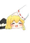  2girls ^_^ absurdres black_hat blonde_hair blush bow braid closed_eyes commentary_request hair_bow hakurei_reimu happy hat hat_bow headpat highres kirisame_marisa long_hair mirakurun_(inumi_miraku) missing_headwear multiple_girls open_mouth side_braid simple_background single_braid smile touhou unworn_headwear white_background witch_hat yukkuri_shiteitte_ne 