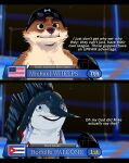  2boys absurdres american_flag annoyed black_eyes black_hat blue_eyes character_name confused cuban_flag english_commentary english_text fantasy_racism fish_boy furrification furry furry_male goggles goggles_on_head hat highres michael_phelps microphone multiple_boys olympics real_life rodolfo_falcon_cabrera smile swim_cap wonder3mporium 