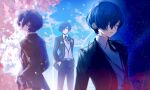  1boy absurdres black_jacket blazer blue_eyes blue_hair blue_sky branch cherry_blossoms closed_eyes collared_shirt commentary day digital_walkman earphones_around_neck earphones_removed flower gekkoukan_high_school_uniform hair_over_one_eye hands_in_pockets headphones highres jacket libertyp long_sleeves male_focus moon mp3_player neck_ribbon night persona persona_3 persona_3_portable persona_3_reload pink_flower revision ribbon school_uniform shirt short_hair sky spider_lily star_(sky) starry_sky upper_body walkman_nw-s203f white_shirt wind_turbine yuuki_makoto_(persona_3) 
