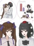  2girls alternate_costume bar_chart barefoot black_bow black_bowtie black_skirt bow bowtie bridal_veil bride brown_hair closed_eyes closed_mouth commentary dress elbow_gloves gloves graph groom hair_bow hat highres himekaidou_hatate imminent_kiss jacket kicking long_hair long_sleeves missing_wings mori_dobonua_(mordvna) multiple_girls open_mouth pointy_ears pom_pom_(clothes) purple_bow purple_hat purple_skirt red_eyes red_hat see-through_clothes see-through_veil shameimaru_aya shirt skirt smile speech_bubble strapless strapless_dress thought_bubble tokin_hat touhou twintails veil wedding_dress white_dress white_gloves white_jacket white_shirt wife_and_wife yuri 