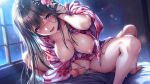  1boy 1girl adjusting_hair after_sex amakano_3 aroused barefoot black_hair black_kimono blue_eyes blurry blush bokeh breasts censored cum cum_on_body cum_on_penis cum_on_self depth_of_field drooling eyes_visible_through_hair floral_print floral_print_kimono flower game_asset girl_on_top hair_between_eyes hair_flower hair_ornament hairclip hand_up hanging_breasts hetero highres indoors japanese_clothes kimono kyouno_yoshihiro large_breasts long_hair looking_at_viewer lying mosaic_censoring night nipples non-web_source official_art on_back ootori_sayumi open_clothes open_kimono open_mouth penis pink_kimono piromizu print_kimono pussyjob saliva self-datamine solo_focus sweat thighs variant_set visual_novel_cg wide_sleeves window 