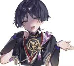  1boy armor black_bodysuit black_hair black_kimono black_sleeves blunt_ends bodysuit choppy_bangs commentary_request eyelashes eyeliner genshin_impact goheemochi gold gold_trim grey_sleeves hair_intakes hands_up highres japanese_armor japanese_clothes jewelry juban kimono kote kurokote layered_sleeves makeup male_focus mandarin_collar mitsudomoe_(shape) neck_ring open_clothes open_hand open_kimono open_mouth portrait purple_eyes purple_rope red_eyeliner red_kimono rope scaramouche_(genshin_impact) shimenawa short_sleeves sketch solo tassel tomoe_(symbol) tsurime uneven_eyes white_background white_kimono white_rope 