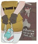  1boy 1girl alucard_(hellsing) arms_behind_back artist_name ascot ass bag belt black_hair border brown_gloves coat commentary cropped_legs dental_floss english_commentary english_text glasses gloves hat hellsing highres hitler_youth holding holding_bag looking_at_another military_uniform miniskirt mouthwash overcoat plastic_bag red-tinted_eyewear red_ascot red_coat seras_victoria shirt skirt smile thighhighs tinted_eyewear toothbrush toothpaste vampire white_border white_gloves white_thighhighs yablofap zettai_ryouiki 