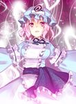  bad_id bad_pixiv_id blue_dress dress glowing hat highres izumi_minami looking_at_viewer looking_down magic open_mouth outstretched_arms pink_eyes pink_hair saigyouji_yuyuko sash short_hair smile solo spread_arms touhou 