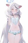  1girl absurdres animal_ears ass_visible_through_thighs bare_arms bare_shoulders bikini bikini_skirt blue_archive blue_bikini blue_halo blush braid clenched_teeth commentary_request flat_chest forehead grey_hair halo hand_on_own_chest highres kokona_(blue_archive) kokona_(swimsuit)_(blue_archive) long_hair multicolored_bikini navel official_alternate_costume official_alternate_hairstyle partial_commentary plaid_bikini plaid_clothes sainarohh solo stomach swimsuit teeth thigh_gap twin_braids two-tone_bikini very_long_hair white_bikini 