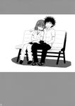  1girl bench cat couple greyscale hair_ornament head_on_shoulder hetero highres kamijou_touma loafers misaka_mikoto monochrome saliva shoes short_hair sleeping socks spiked_hair takumi_namuchi to_aru_majutsu_no_index 