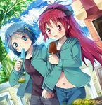  alternate_costume bad_id bad_pixiv_id blue_eyes blue_hair bow fangs food gleision_adain hair_bow holding_hands hood hoodie interlocked_fingers long_hair mahou_shoujo_madoka_magica midriff miki_sayaka multiple_girls navel ponytail popsicle red_eyes red_hair sakura_kyouko short_hair 