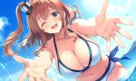  1girl absurdres bikini blue_eyes blue_sky breasts brown_hair cleavage cloud commentary_request day dutch_angle foreshortening highres kantai_collection large_breasts ocean one_eye_closed outdoors ponytail saratoga_(kancolle) side-tie_bikini_bottom side_ponytail signature sky smile solo splashing swimsuit takuma_(takumo7121) water white_bikini 