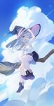  1girl absurdres arm_up armpits bare_shoulders black_hat black_shoes black_skirt blue_eyes bow braid broom broom_riding center_frills collared_shirt commentary_request elaina_(majo_no_tabitabi) frilled_skirt frills hair_between_eyes hair_bow hat highres holding long_hair long_sleeves looking_at_viewer majo_no_tabitabi neck_ribbon off_shoulder one_eye_closed pink_bow pink_ribbon pleated_skirt ribbon riding shirt shoes side_braid single_braid skirt sleeveless sleeveless_shirt smile solo user_jgjr7574 white_hair white_shirt witch witch_hat yellow_ribbon 