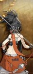  1girl absurdres bare_shoulders black_gloves black_hair black_tube_top brown_background chinese_commentary clothes_around_waist commentary_request copyright_name copyright_notice facing_away fingerless_gloves gloves hand_on_own_hip highres holding holding_polearm holding_weapon logo medium_hair midriff mofei_(xinyue_tongxing) official_art official_wallpaper over_shoulder polearm ponytail solo strapless tube_top upper_body weapon weapon_over_shoulder xinyue_tongxing 