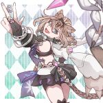  1girl animal_ears bikini black_bikini black_shorts black_skirt blue_eyes blunt_bangs brown_hair cat_ears cat_girl cat_tail coin commentary_request fang fingerless_gloves from_behind gloves green_eyes h3_hk heterochromia highres holding holding_coin honkai_(series) honkai_impact_3rd looking_at_viewer miniskirt open_mouth pardofelis pardofelis_(reverist_calico) short_hair shorts skin_fang skirt solo swimsuit tail thighs 