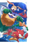  2girls 3boys 3girls 4boys 5boys absurdres animal_ears aquaman_(dc) big_the_cat blonde_hair blue_bodysuit blue_sky bodysuit border brown_eyes cloud comic_cover commentary cover cover_page cream_the_rabbit crossover dc_comics dc_x_sonic_the_hedgehog digimin english_commentary facial_hair flying furry furry_female furry_male gloves green_eyes green_gloves highres multiple_boys multiple_girls mustache ocean official_art open_mouth outdoors pointing pointing_forward rabbit_ears red_bodysuit running sky smile sonic_(series) sonic_the_hedgehog supergirl superhero_costume swimming the_flash water watercraft white_border white_gloves wings 