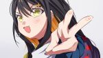  1girl bang_dream! bang_dream!_our_notes black_hair colored_inner_hair commentary ear_piercing earrings fang highres jewelry logo multicolored_hair open_mouth orange_hair peke_(pekeiscat) piercing portrait solo suga_raika untranslatable_commentary v yellow_eyes 