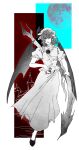  1girl absurdres ascot bat_wings bosimaocir building chinese_commentary collared_shirt commentary_request frilled_shirt_collar frills full_body full_moon greyscale_with_colored_background hat hat_ribbon highres holding holding_polearm holding_weapon looking_at_viewer medium_hair mob_cap moon pointy_ears polearm puffy_short_sleeves puffy_sleeves remilia_scarlet ribbon scarlet_devil_mansion shirt shoes short_sleeves skirt smile solo spear spear_the_gungnir touhou weapon wings wrist_cuffs 
