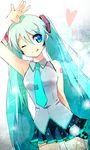  ;q akamomo aqua_eyes aqua_hair arm_up bad_id bad_pixiv_id hatsune_miku long_hair necktie one_eye_closed skirt solo tongue tongue_out twintails very_long_hair vocaloid 