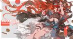  1girl absurdres animal_ears arknights arm_up bare_shoulders black_jacket breasts brown_shorts character_name chinese_commentary coin commentary_request crop_top earrings feet_out_of_frame floating_hair hair_between_eyes highres horse_ears horse_girl jacket jewelry long_hair looking_at_viewer looking_to_the_side nail_polish narantuya_(arknights) navel open_clothes open_jacket open_mouth profile red_eyes red_hair red_lips red_nails sanye308 sheath sheathed shorts solo sparkle very_long_hair 