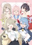  5girls absurdres ahoge akane_(blue_archive) akane_(school_uniform)_(blue_archive) ako_(blue_archive) animal_ears bell black_eyes black_gloves black_skirt blue_archive blue_eyes blue_hair blue_halo blue_sailor_collar blue_shirt blue_skirt border bow bowtie breasts brown_cardigan brown_eyes brown_hair brown_halo cardigan closed_mouth collared_shirt comiket_108 commentary_request cowbell fingerless_gloves glasses gloves green_eyes green_halo hair_between_eyes hair_rings half_gloves halo hanako_(blue_archive) hand_to_own_mouth highres id_card large_breasts long_hair long_sleeves miniskirt multiple_girls neck_bell nekosuzu_an nonomi_(blue_archive) one_eye_closed open_mouth outside_border pink_border pink_bow pink_bowtie pink_hair pink_halo plaid_clothes plaid_skirt reaching reaching_towards_viewer red_gloves red_halo red_sailor_collar red_skirt sailor_collar shirt short_hair short_sleeves sideboob sideless_shirt simple_background single_hair_ring single_handcuff skirt smile steepled_fingers tsubaki_(blue_archive) white_shirt yawning yellow_cardigan 
