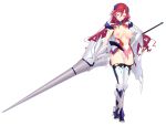  1girl arch_clover armor armored_boots blush boots breasts breasts_out broken_armor cape closed_eyes closed_mouth full_body game_asset gauntlets gold_trim hair_between_eyes hair_ornament hand_on_own_hip high_heels highres holding holding_polearm holding_weapon huge_weapon lance large_breasts large_variant_set leotard long_hair magical_girl nipples non-web_source official_art panties polearm red_hair satou_takumi self-datamine sephilia_grandeel shinsou_kenki_arch_saver simple_background smile solo spear standing tachi-e thighhighs torn_clothes torn_leotard torn_panties torn_thighhighs transparent_background underwear variant_set weapon white_panties 