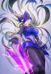  1girl absurdres alternate_color android armor black_bodysuit bliss_zero_(mega_man) blonde_hair blue_armor blue_dress blue_helmet bodysuit breasts commentary_request corruption cowboy_shot dark_persona dress energy_sword floating_hair forehead_jewel genderswap genderswap_(mtf) helmet highres holding holding_sword holding_weapon kiwakiwa large_breasts long_hair mega_man_(series) mega_man_zero_(series) revision robot_girl sword weapon zero(z)_(mega_man) zero_(mega_man) 