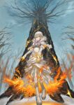  1girl absurdres burning burning_clothes cloud commentary_request dress elbow_gloves fantasy fire forest fur-trimmed_dress fur-trimmed_gloves fur_trim gloves hidama_fudou highres magic multicolored_hair nature original purple_hair pyrokinesis sky snow tree white_dress white_hair 